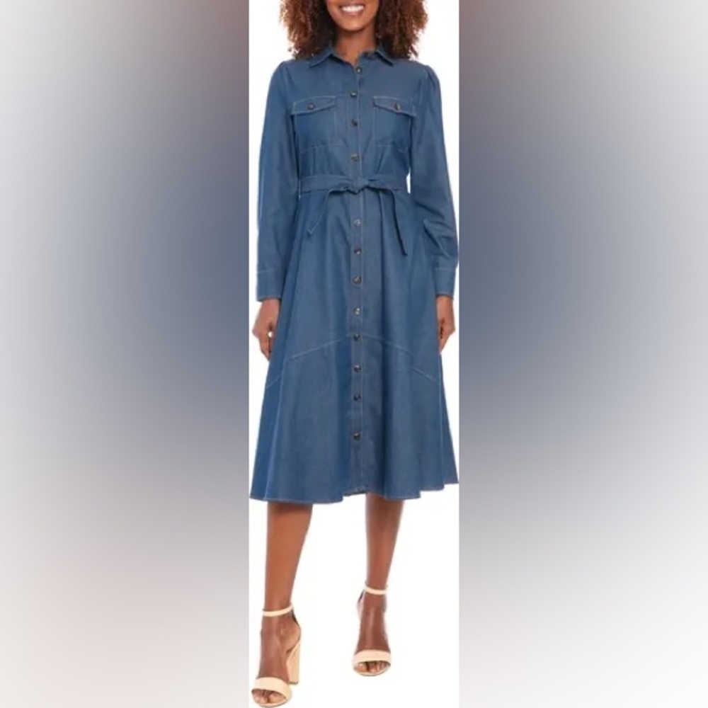 London Times Tie West Long Sleeve Denim Dress B3278